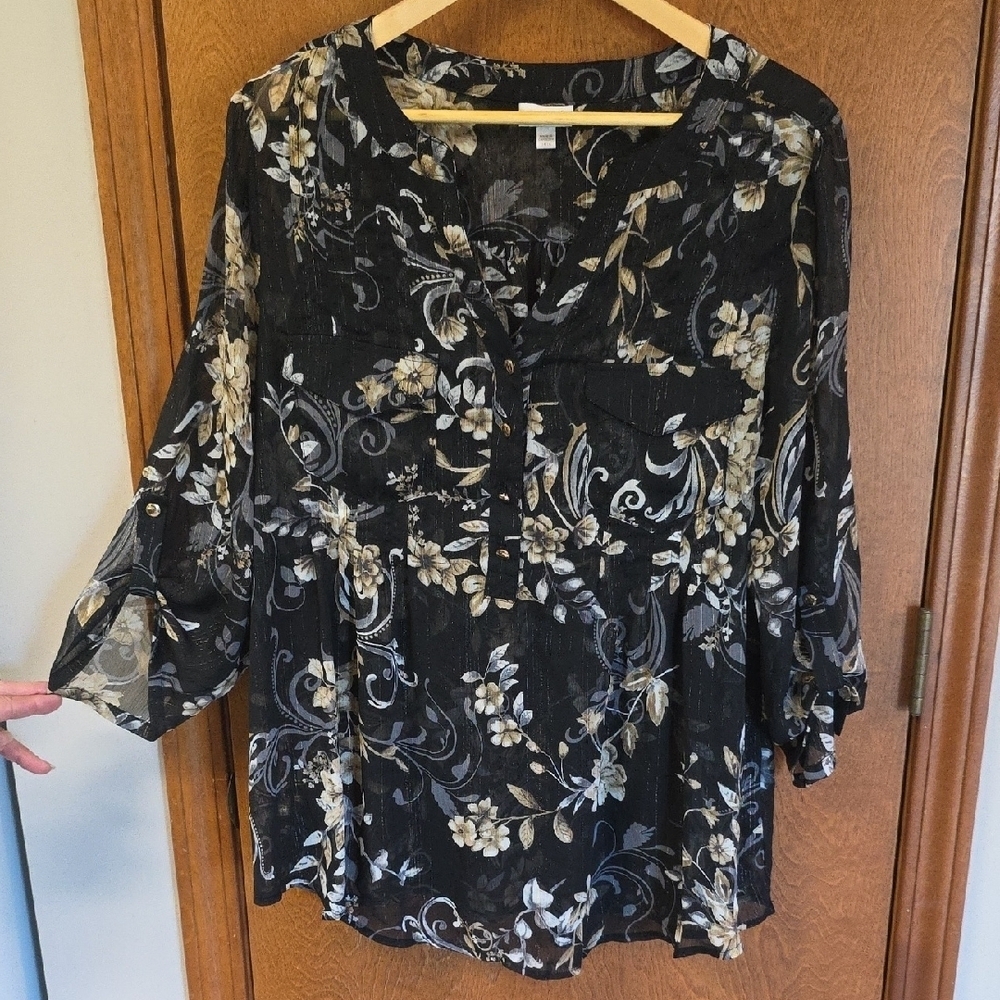 Avenue Sheer Floral Metallic Blouse